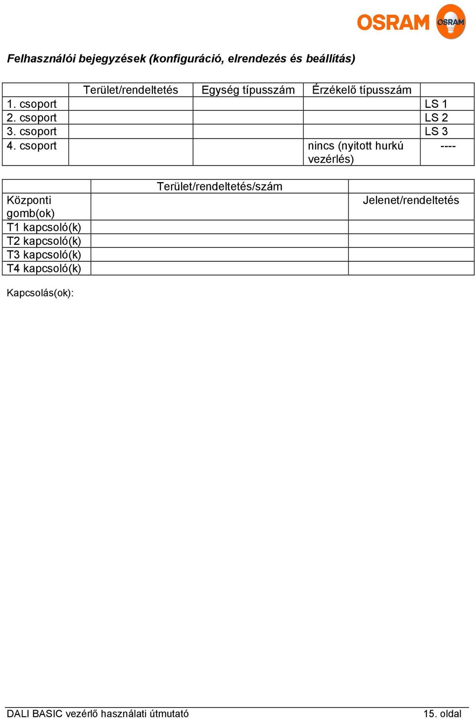 csoport nincs (nyitott hurkú vezérlés) ---- Központi gomb(ok) T1 kapcsoló(k) T2 kapcsoló(k) T3