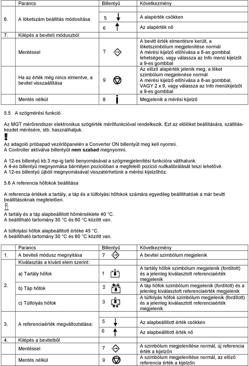 megjelenítése normál A mérési kijelző előhívása a 8-as gombbal lehetséges, vagy válassza az Info menü kijelzőt a 9-es gombbal Az előző alapérték jelenik meg, a löket szimbólum megjelenése normál A