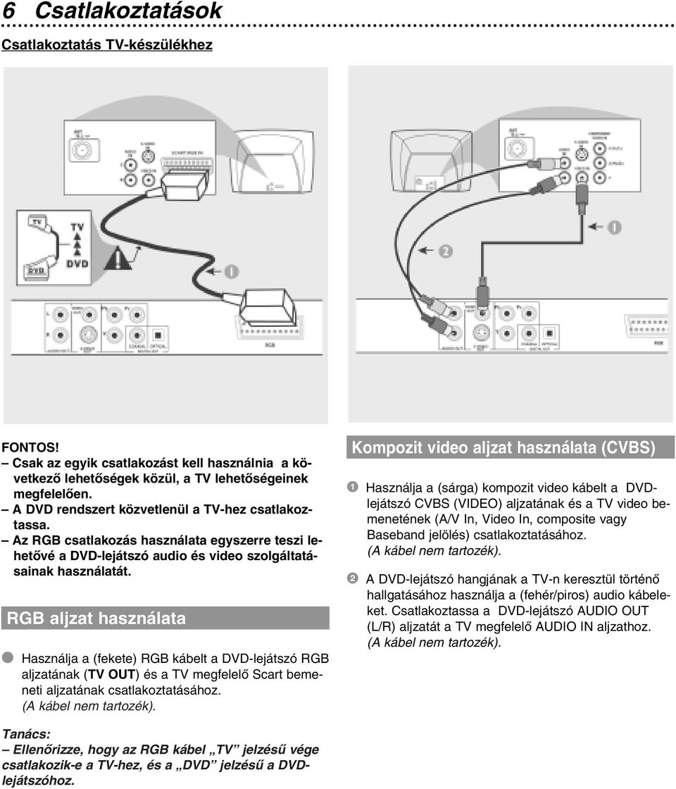 RGB aljzat használata Használja a (fekete) RGB kábelt a DVD-lejátszó RGB aljzatának (TV OUT) és a TV megfelelô Scart bemeneti aljzatának csatlakoztatásához. (A kábel nem tartozék).