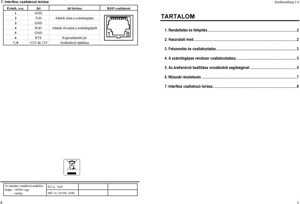 Jel Jel leírása RJ45 csatlakozó 1 GND 2 TxD Adatok írása a számítógépre 3 GND 4 RxD Adatok olvasása a számítógépről 5 GND 6 RTS Kapcsolattartó jel 7, 8