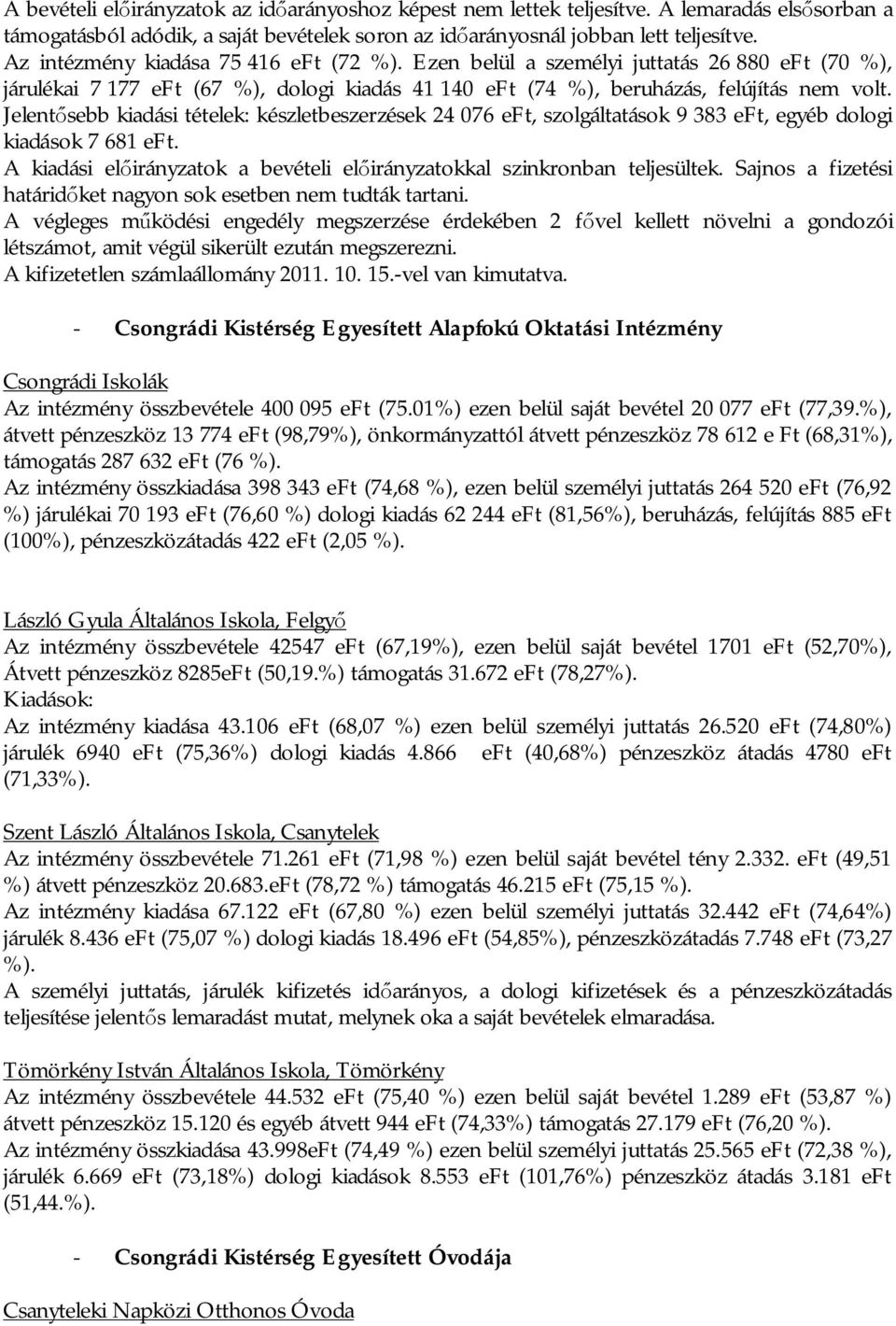 Jelent sebb kiadási tételek: készletbeszerzések 24 076 eft, szolgáltatások 9 383 eft, egyéb dologi kiadások 7 681 eft. A kiadási el irányzatok a bevételi el irányzatokkal szinkronban teljesültek.