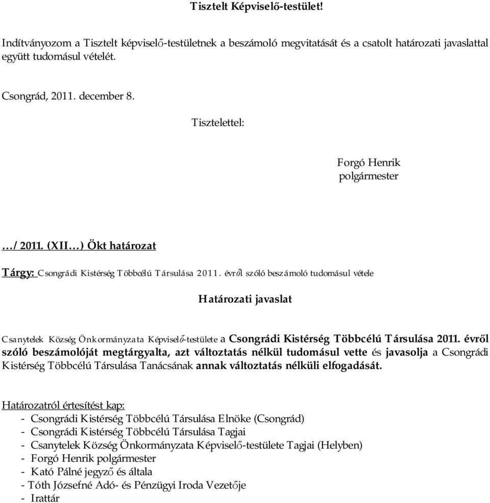 évr l szóló beszámoló tudomásul vétele Határozati javaslat Csanytelek Község Önkormányzata Képvisel -testülete a Csongrádi Kistérség Többcélú Társulása 2011.