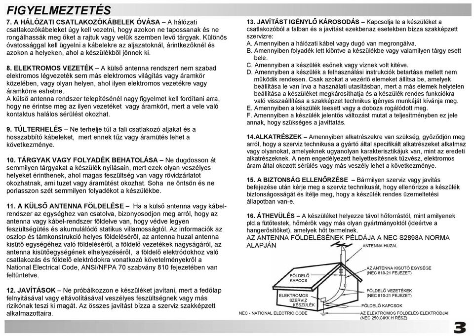 ELEKTROMOS VEZETÉK A külső antenna rendszert nem szabad elektromos légvezeték sem más elektromos világítás vagy áramkör közelében, vagy olyan helyen, ahol ilyen elektromos vezetékre vagy áramkörre