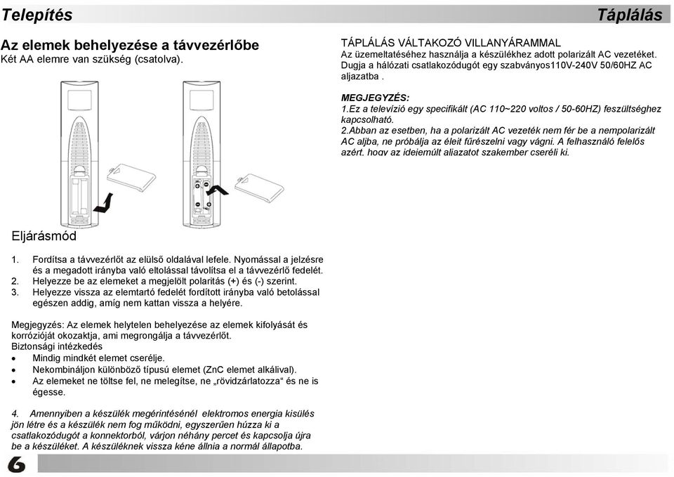 MEGJEGYZÉS: 1.Ez a televízió egy specifikált (AC 110~220 voltos / 50-60HZ) feszültséghez kapcsolható. 2.