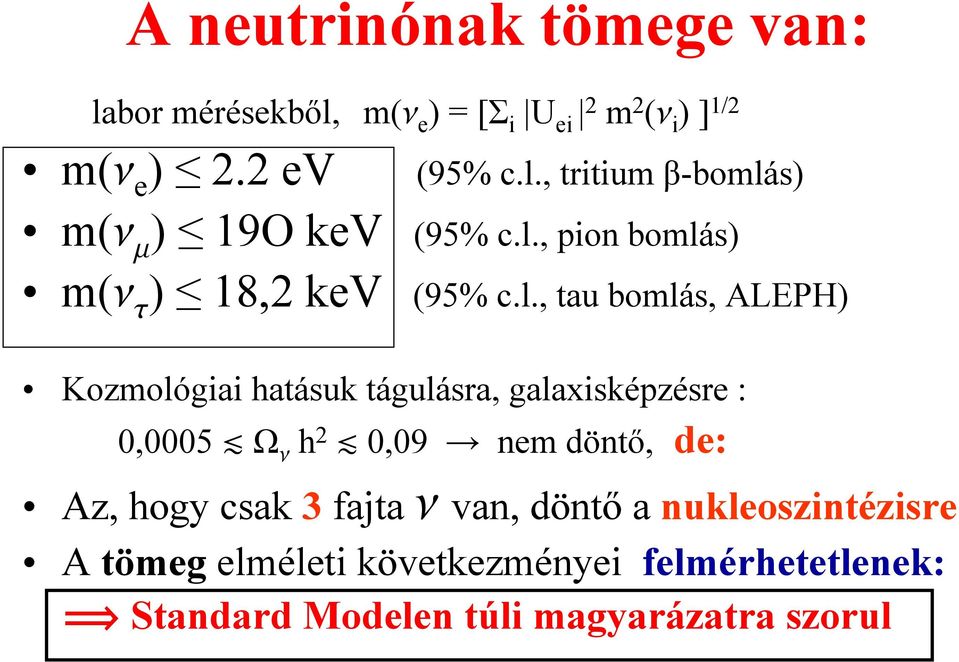 0,0005 d Ω n h 2 d 0,09 nem döntő, de: Az, hogy csak 3 fajta n van, döntő a nukleoszintézisre A tömeg elméleti