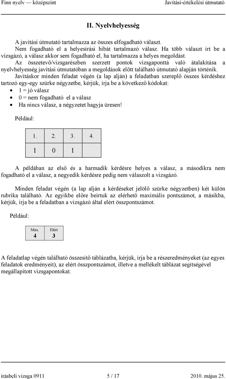 Az összetevő/vizsgarészben szerzett pontok vizsgaponttá való átalakítása a nyelvhelyesség javítási útmutatóban a megoldások előtt található útmutató alapján történik.