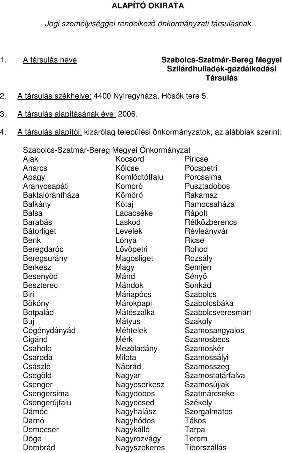 00 Nyíregyháza, Hősök tere 5. 3. A társulás alapításának éve: 2006. 4.