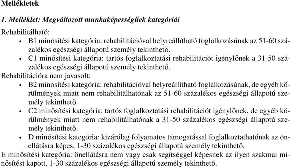 tekinthető. C1 minősítési kategória: tartós foglalkoztatási rehabilitációt igénylőnek a 31-50 százalékos egészségi állapotú személy tekinthető.