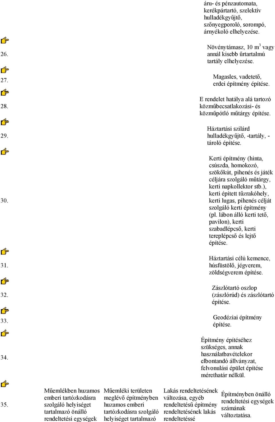 Lakás rendeltetésének változása, egyéb rendeltetéső építmény rendeltetésének lakás rendeltetéssé Növénytámasz, 10 m 3 vagy annál kisebb őrtartalmú tartály elhelyezése.