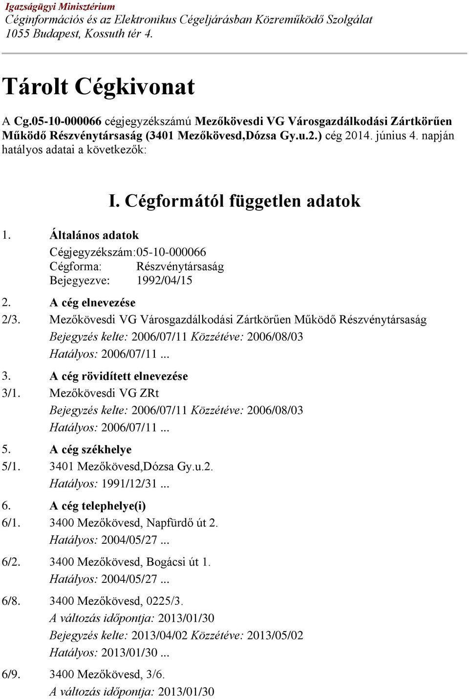 Cégformától független adatok 1. Általános adatok Cégjegyzékszám: 05-10-000066 Cégforma: Részvénytársaság Bejegyezve: 1992/04/15 2. A cég elnevezése 2/3.