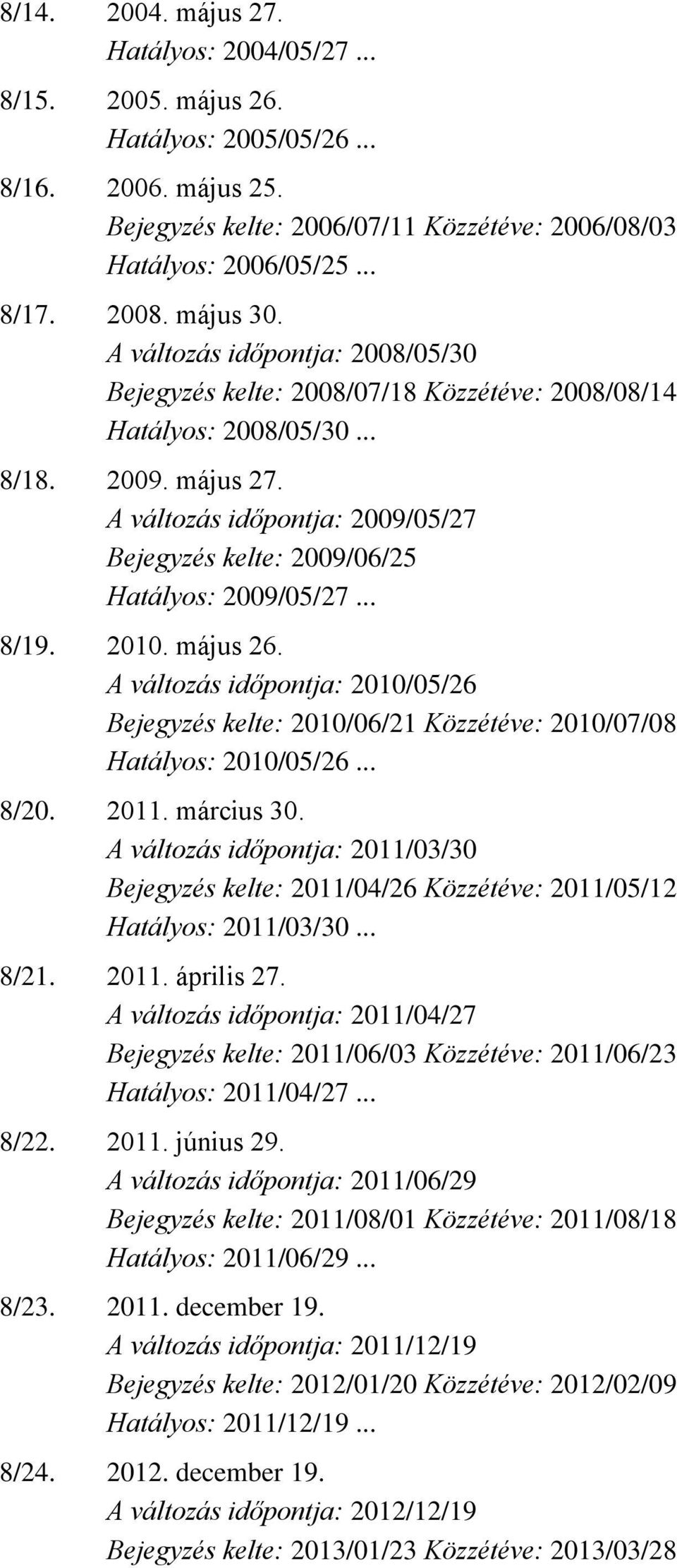 A változás időpontja: 2009/05/27 Bejegyzés kelte: 2009/06/25 Hatályos: 2009/05/27... 8/19. 2010. május 26.