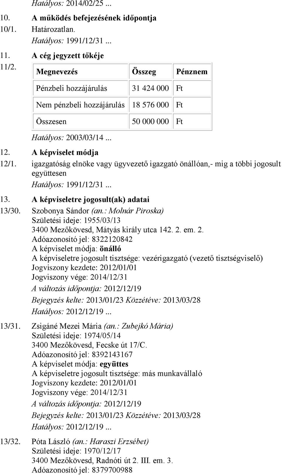 igazgatóság elnöke vagy ügyvezető igazgató önállóan,- mig a többi jogosult együttesen 13. A képviseletre jogosult(ak) adatai 13/30. Szobonya Sándor (an.