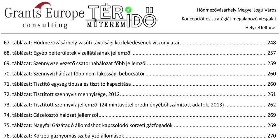 táblázat: Tisztító egység típusa és tisztító kapacitása... 260 72. táblázat: Tisztított szennyvíz mennyisége, 2012... 261 73.