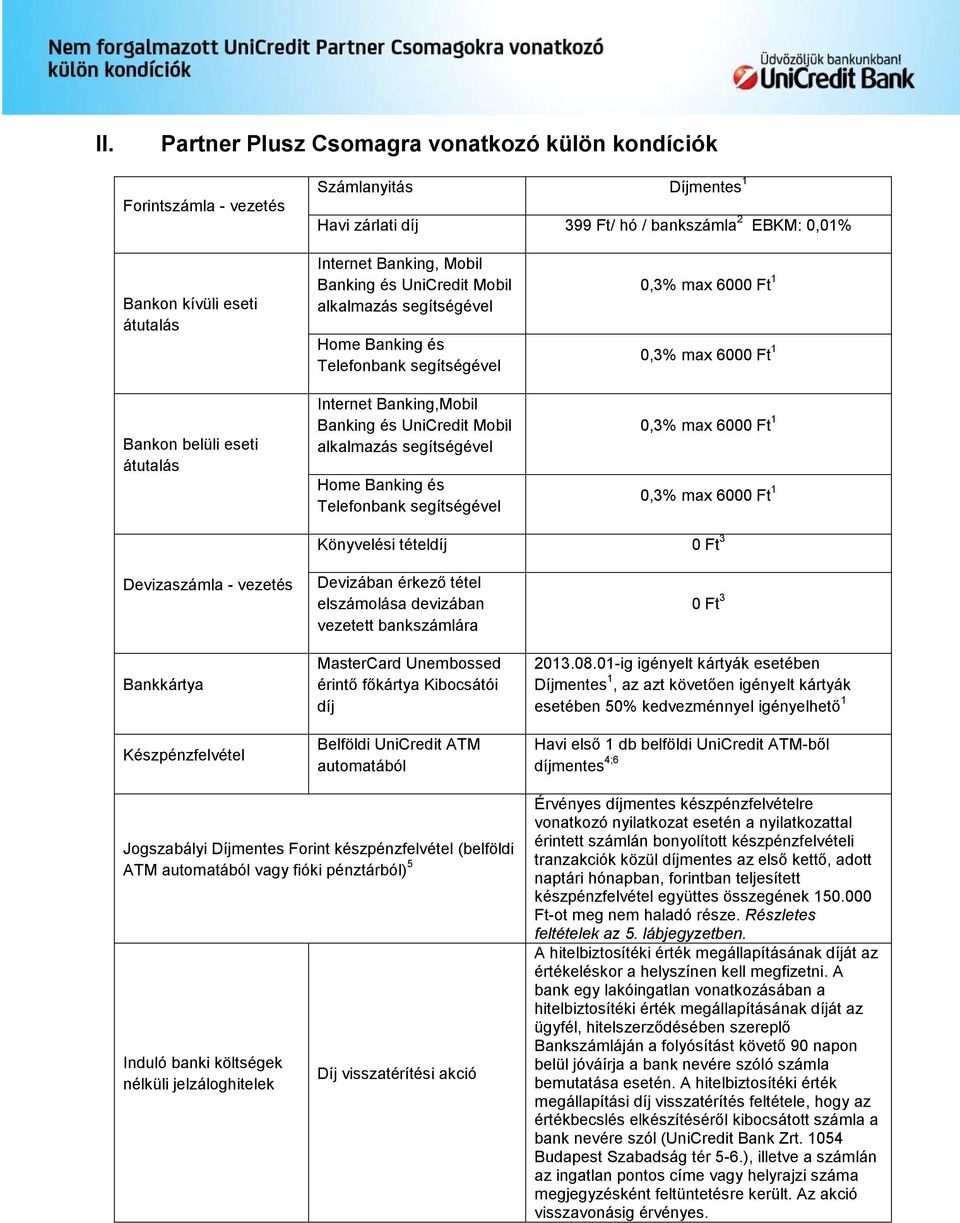 MasterCard Unembossed érintő főkártya Kibocsátói díj Belföldi UniCredit ATM automatából 0 Ft 3 2013.08.