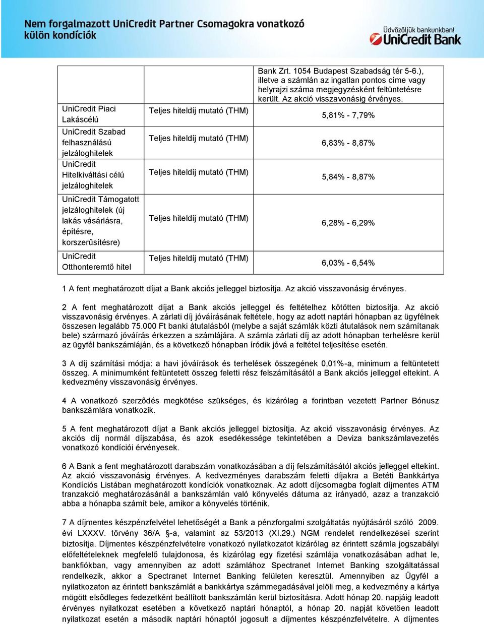 5,81% - 7,79% 6,83% - 8,87% 5,84% - 8,87% 6,28% - 6,29% 6,03% - 6,54% 1 A fent meghatározott díjat a Bank akciós jelleggel biztosítja. Az akció visszavonásig érvényes.