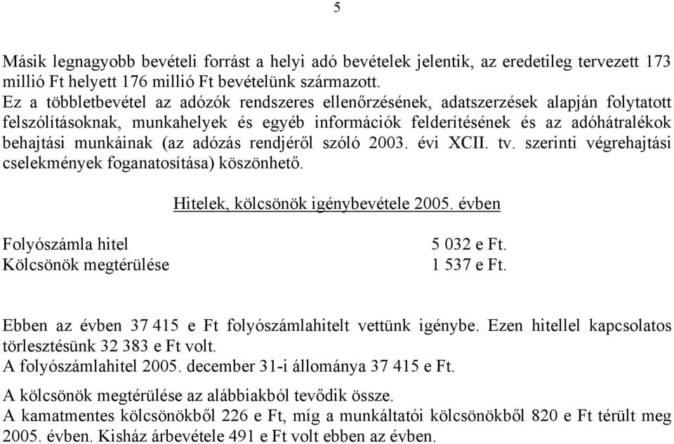 adózás rendjéről szóló 2003. évi XCII. tv. szerinti végrehajtási cselekmények foganatosítása) köszönhető. Hitelek, kölcsönök igénybevétele 2005.