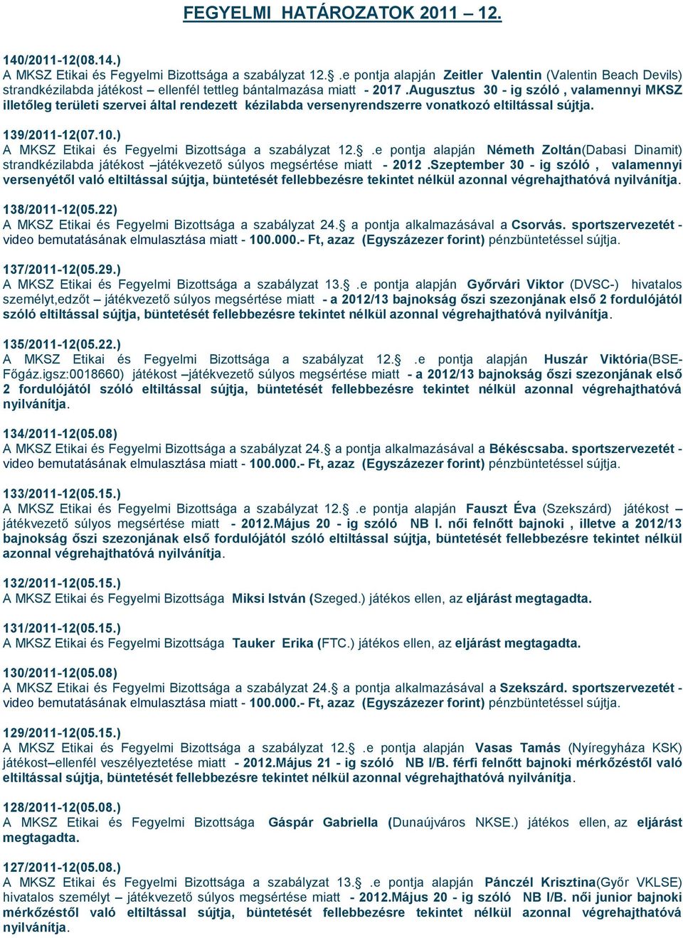 Augusztus 30 - ig szóló, valamennyi MKSZ illetőleg területi szervei által rendezett kézilabda versenyrendszerre vonatkozó eltiltással sújtja. 139/2011-12(07.10.