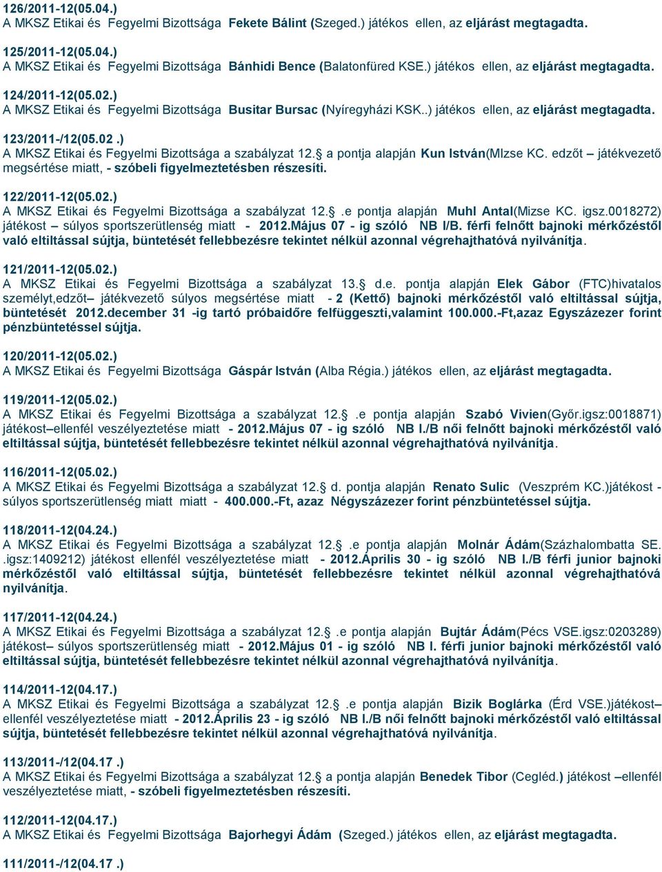 a pontja alapján Kun István(MIzse KC. edzőt játékvezető megsértése miatt, - szóbeli figyelmeztetésben részesíti. 122/2011-12(05.02.) A MKSZ Etikai és Fegyelmi Bizottsága a szabályzat 12.