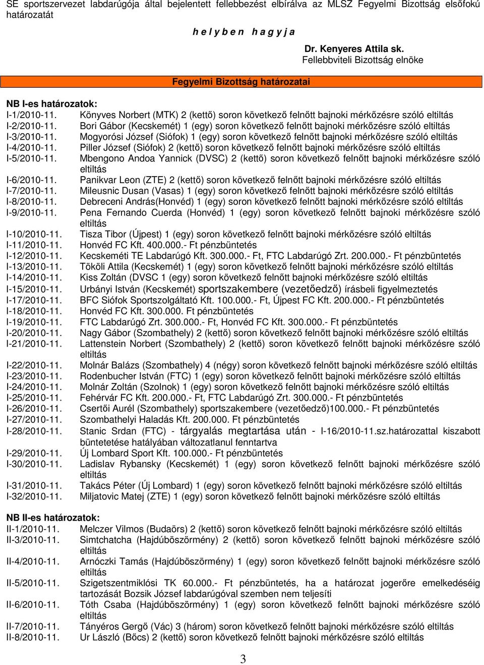 Bori Gábor (Kecskemét) 1 (egy) soron következő felnőtt bajnoki mérkőzésre szóló I-3/2010-11. Mogyorósi József (Siófok) 1 (egy) soron következő felnőtt bajnoki mérkőzésre szóló I-4/2010-11.