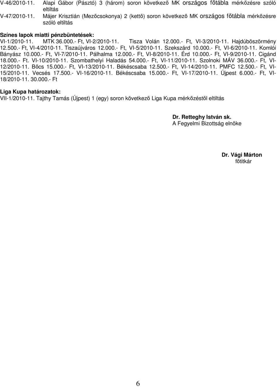 pénzbüntetések: VI-1/2010-11. MTK 36.000.- Ft, VI-2/2010-11. Tisza Volán 12.000.- Ft, VI-3/2010-11. Hajdúböszörmény 12.500.- Ft, VI-4/2010-11. Tiszaújváros 12.000.- Ft, VI-5/2010-11. Szekszárd 10.000.- Ft, VI-6/2010-11.