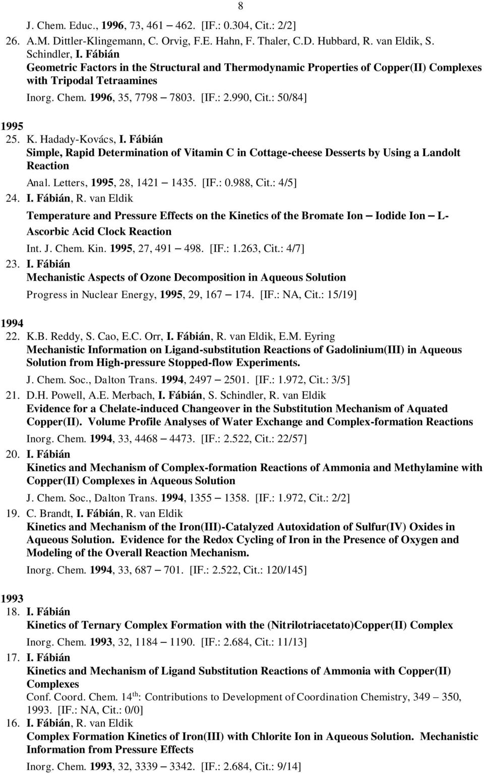 Hadady-Kovács, I. Fábián Simple, Rapid Determination of Vitamin C in Cottage-cheese Desserts by Using a Landolt Reaction Anal. Letters, 1995, 28, 1421 1435. [IF.: 0.988, Cit.: 4/5] 24. I. Fábián, R.