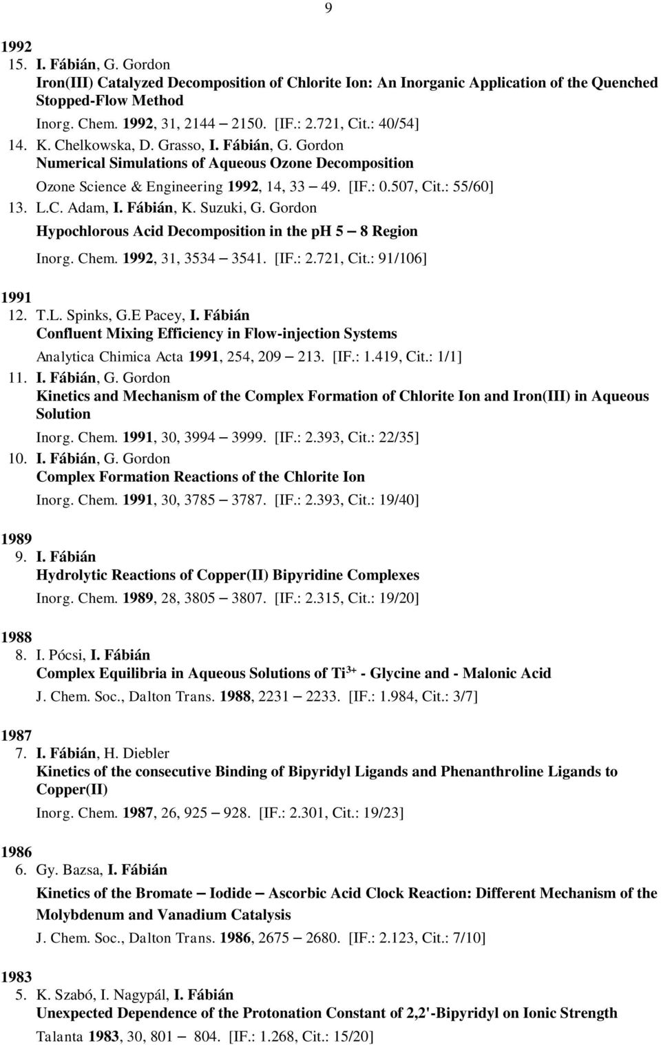 Fábián, K. Suzuki, G. Gordon Hypochlorous Acid Decomposition in the ph 5 8 Region Inorg. Chem. 1992, 31, 3534 3541. [IF.: 2.721, Cit.: 91/106] 1991 12. T.L. Spinks, G.E Pacey, I.