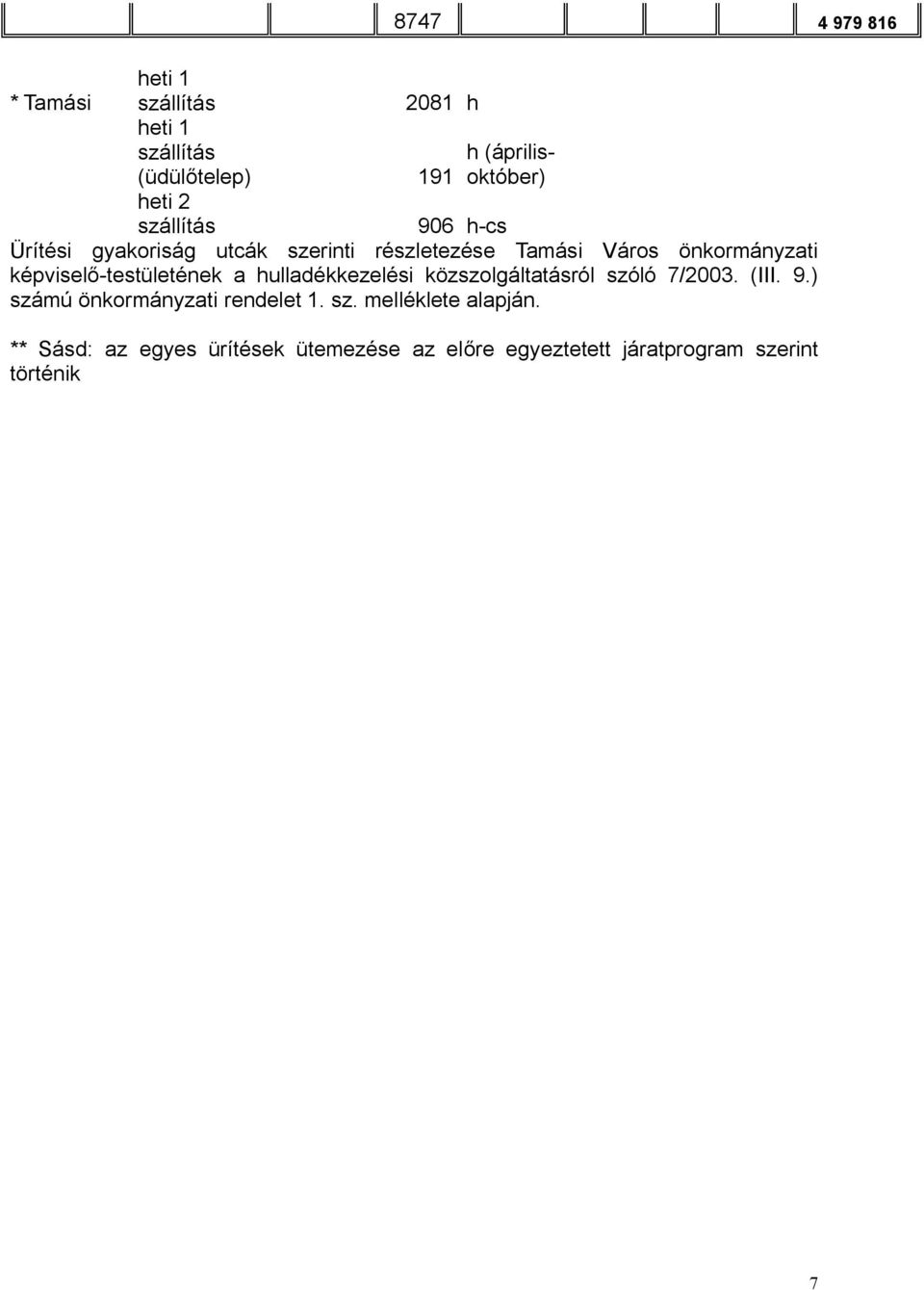 képviselő-testületének a hulladékkezelési közszolgáltatásról szóló 7/2003. (III. 9.