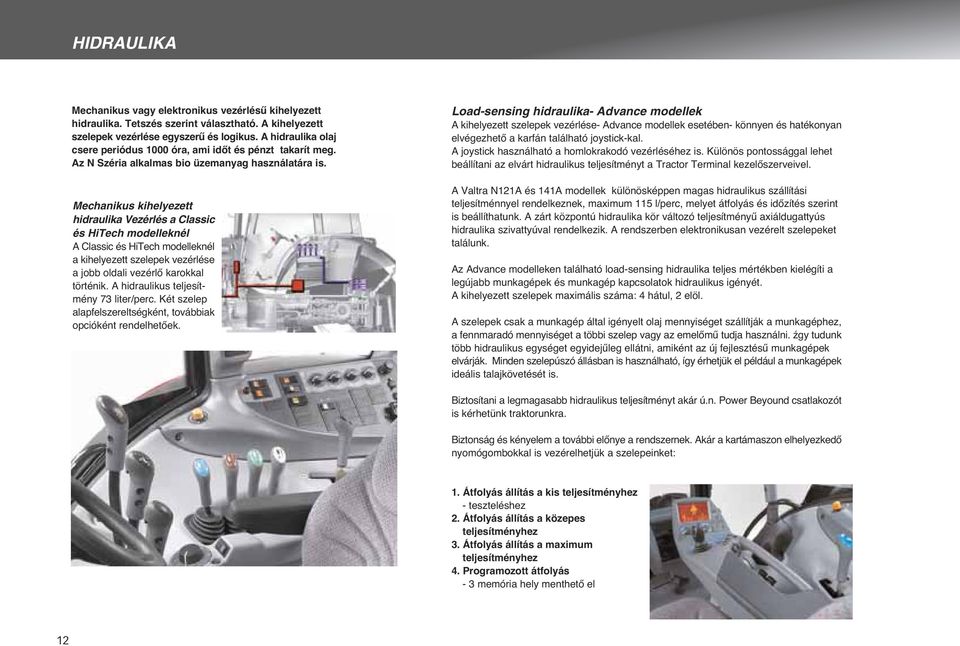 Mechanikus kihelyezett hidraulika Vezérlés a Classic és HiTech modelleknél A Classic és HiTech modelleknél a kihelyezett szelepek vezérlése a jobb oldali vezérlœ karokkal történik.