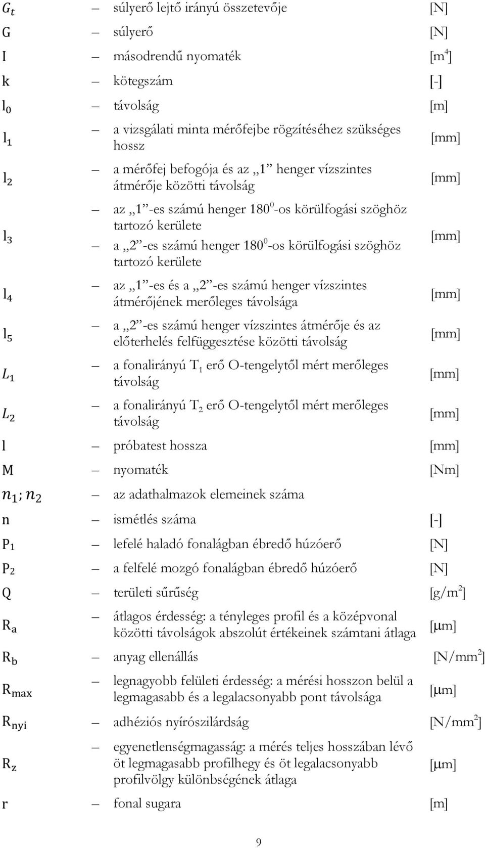 és a 2 -es számú henger vízszintes átmérőjének merőleges távolsága a 2 -es számú henger vízszintes átmérője és az előterhelés felfüggesztése közötti távolság a fonalirányú T 1 erő O-tengelytől mért