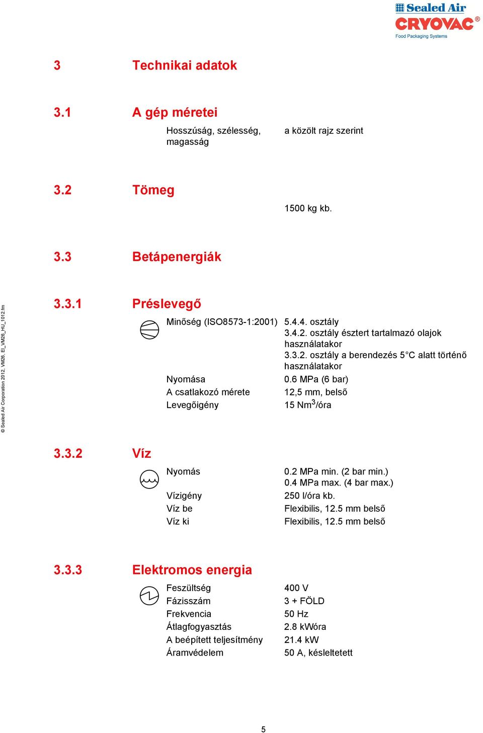 6 MPa (6 bar) A csatlakozó mérete 12,5 mm, belső Levegőigény 15 Nm 3 /óra 3.3.2 Víz Nyomás Vízigény Víz be Víz ki 0.2 MPa min. (2 bar min.) 0.4 MPa max. (4 bar max.) 250 l/óra kb.