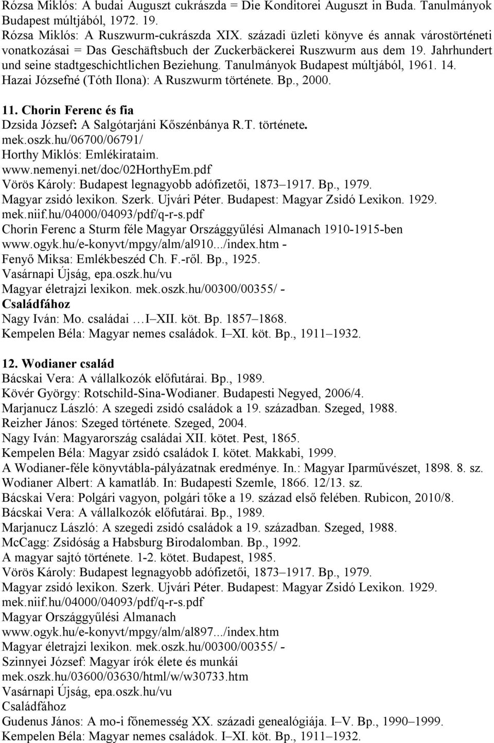 Tanulmányok Budapest múltjából, 1961. 14. Hazai Józsefné (Tóth Ilona): A Ruszwurm története. Bp., 2000. 11. Chorin Ferenc és fia Dzsida József: A Salgótarjáni Kőszénbánya R.T. története. mek.oszk.