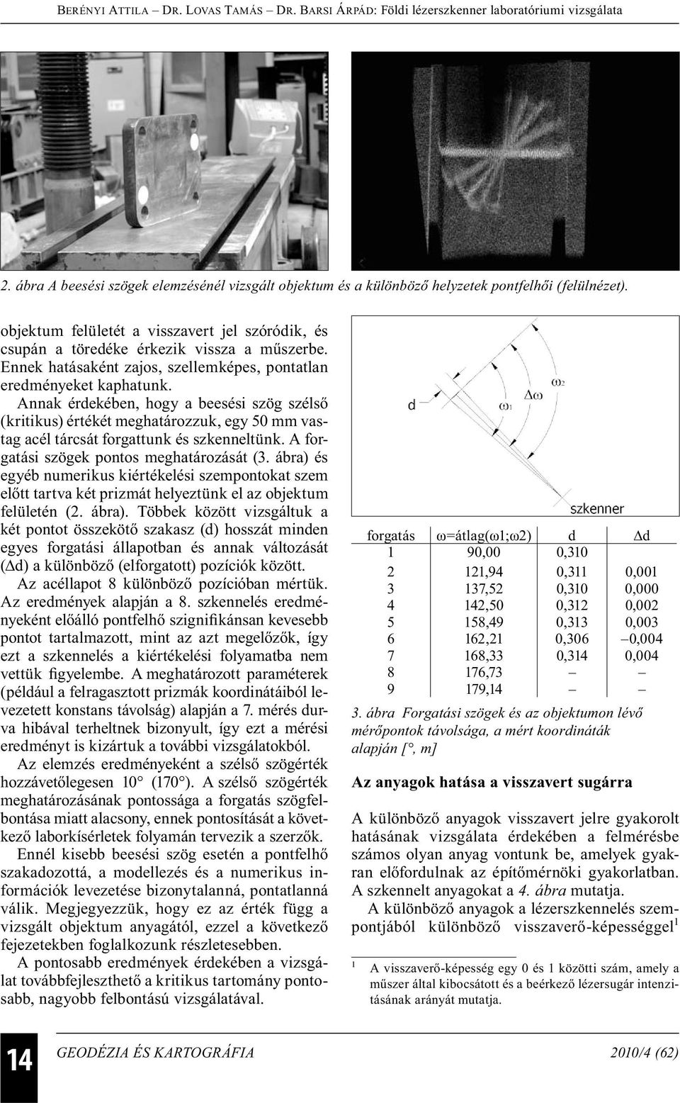 Annak érdekében, hogy a beesési szög szélső (kritikus) értékét meghatározzuk, egy 50 mm vastag acél tárcsát forgattunk és szkenneltünk. A forgatási szögek pontos meghatározását (3.