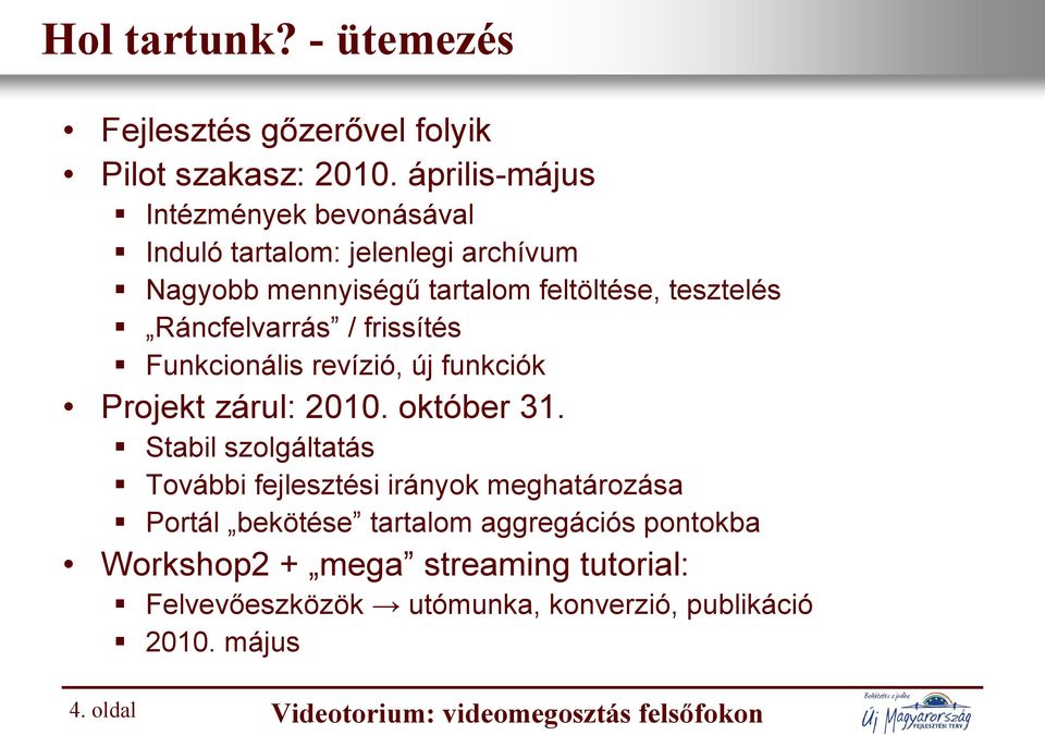 Ráncfelvarrás / frissítés Funkcionális revízió, új funkciók Projekt zárul: 2010. október 31.