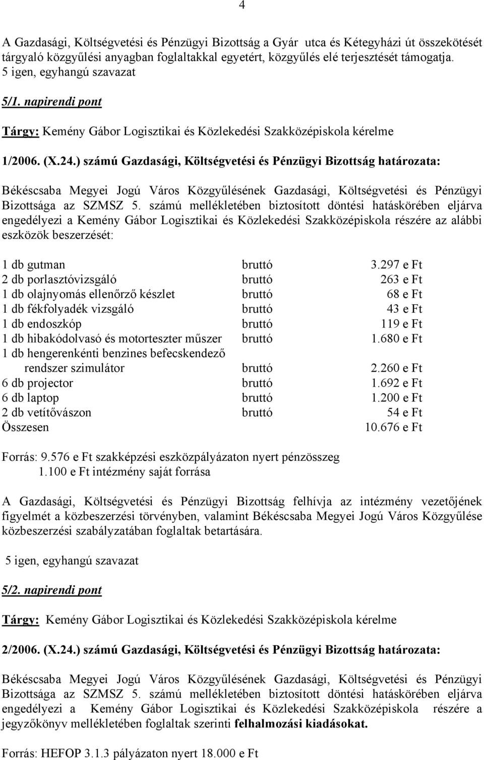 ) számú Gazdasági, Költségvetési és Pénzügyi Bizottság határozata: Békéscsaba Megyei Jogú Város Közgyűlésének Gazdasági, Költségvetési és Pénzügyi Bizottsága az SZMSZ 5.