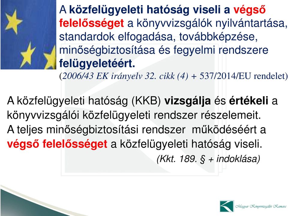 cikk (4) + 537/2014/EU rendelet) A közfelügyeleti hatóság (KKB) vizsgálja és értékeli a könyvvizsgálói közfelügyeleti