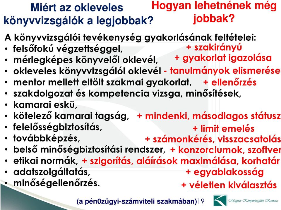 tanulmányok elismerése mentor mellett eltölt szakmai gyakorlat, + ellenőrzés szakdolgozat és kompetencia vizsga, minősítések, kamarai eskü, kötelező kamarai tagság, felelősségbiztosítás,