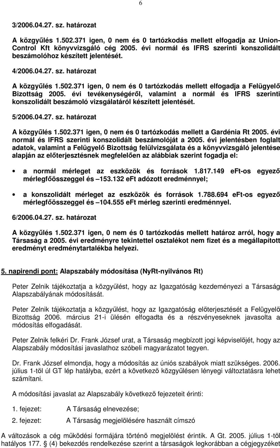 évi tevékenységérıl, valamint a normál és IFRS szerinti konszolidált beszámoló vizsgálatáról készített jelentését. 5/2006.04.27. sz. határozat A közgyőlés 1.502.