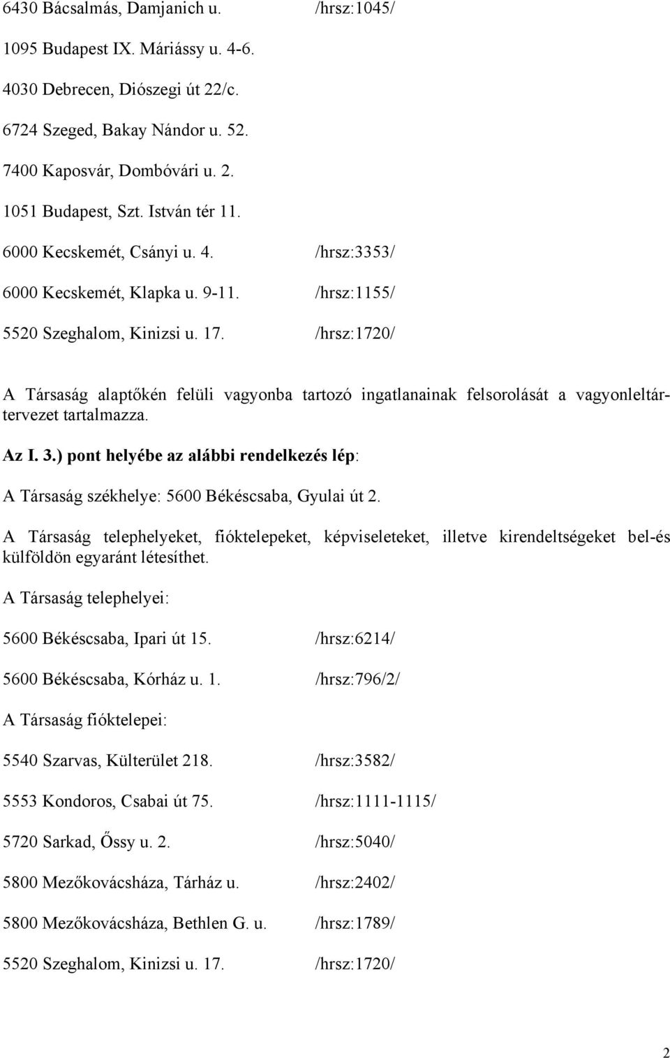 /hrsz:1720/ A Társaság alaptőkén felüli vagyonba tartozó ingatlanainak felsorolását a vagyonleltártervezet tartalmazza. Az I. 3.