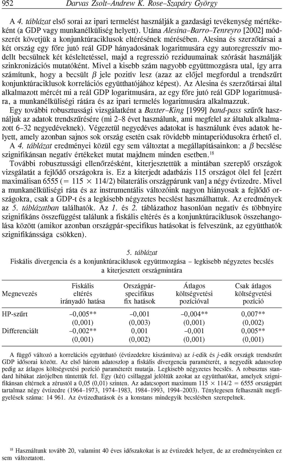 Alesina és szerzõtársai a két ország egy fõre jutó reál GDP hányadosának logaritmusára egy autoregresszív modellt becsülnek két késleltetéssel, majd a regresszió reziduumainak szórását használják