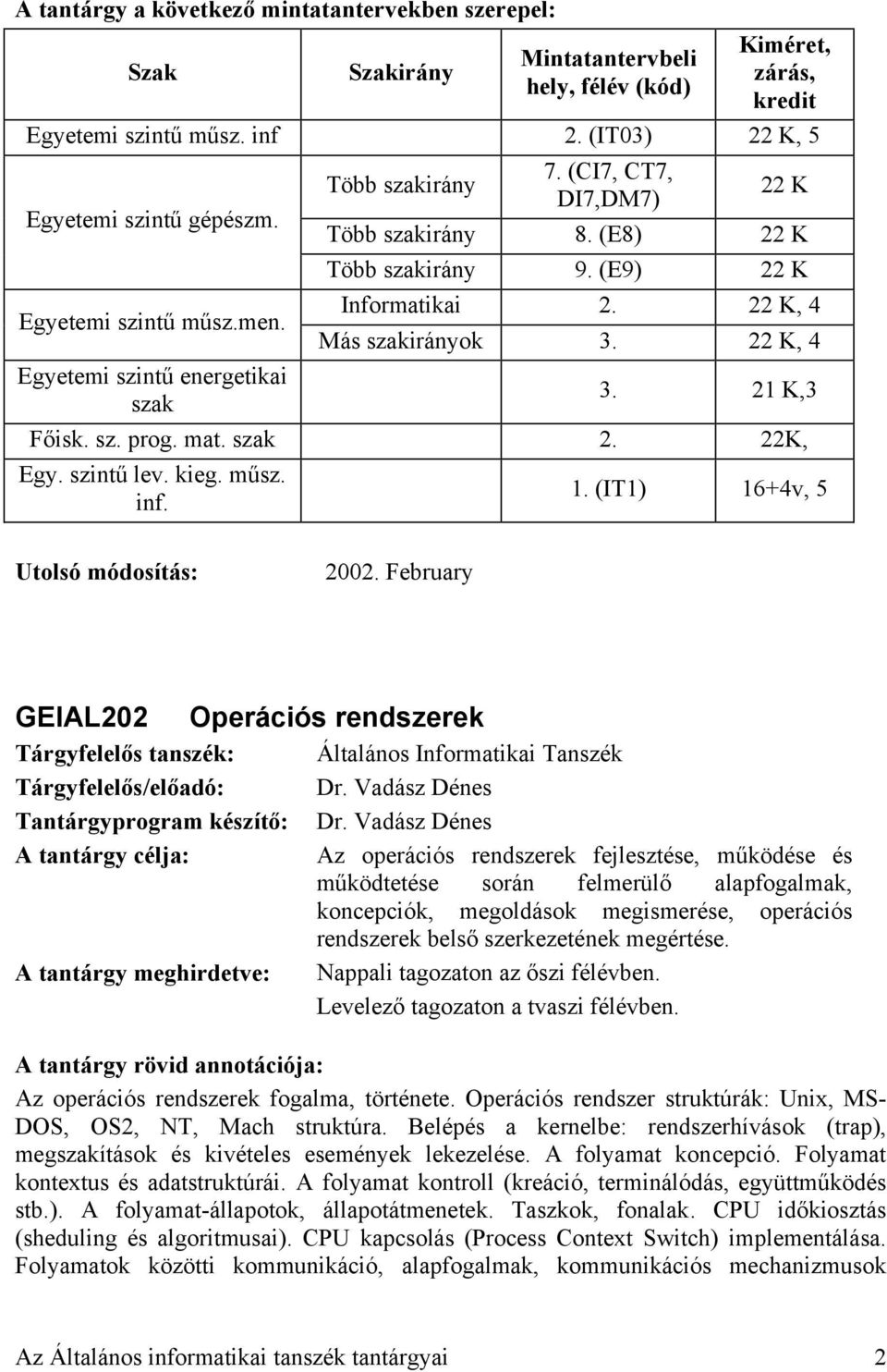 sz. prog. mat. szak 2. 22K, Egy. szintű lev. kieg. műsz. inf. 1. (IT1) 16+4v, 5 Utolsó módosítás: 2002. February GEIAL202 Operációs rendszerek Tárgyfelelős/előadó: Dr.