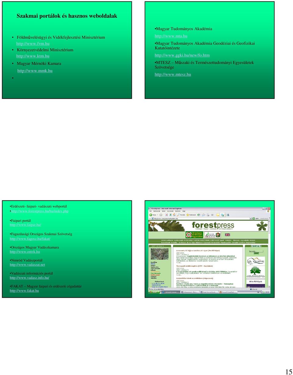 htm MTESZ Műszaki és Természettudományi Egyesületek Szövetsége http://www.mtesz.hu Erdészeti- faipari- vadászati webportál http://www.forestpress.hu/hu/index.php Faipari portál http://www.faipar.hu/ Fagazdasági Országos Szakmai Szövetség http://www.