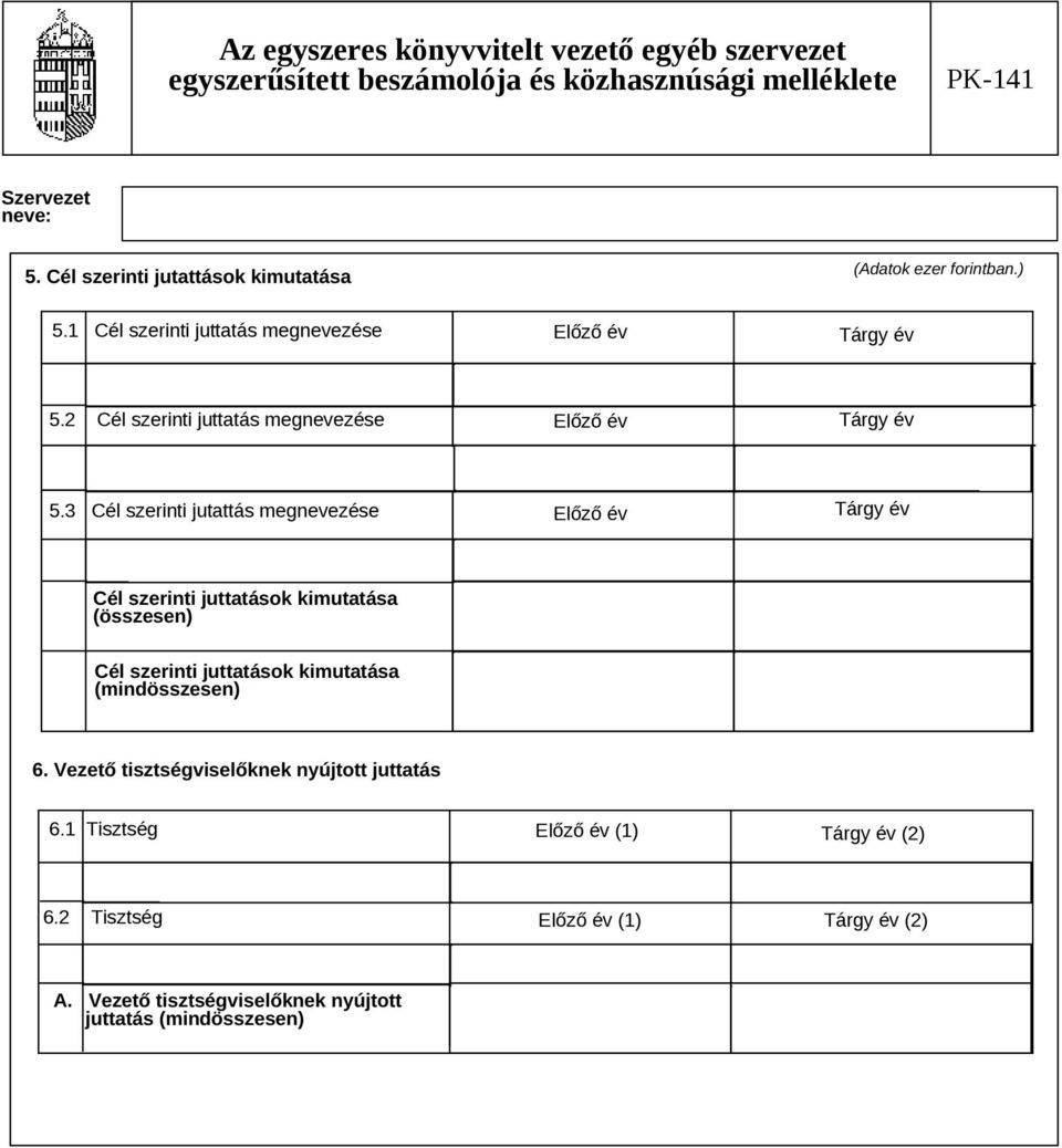 3 Cél szerinti jutattás megnevezése Előző év Tárgy év Cél szerinti juttatások kimutatása (összesen) Cél szerinti juttatások