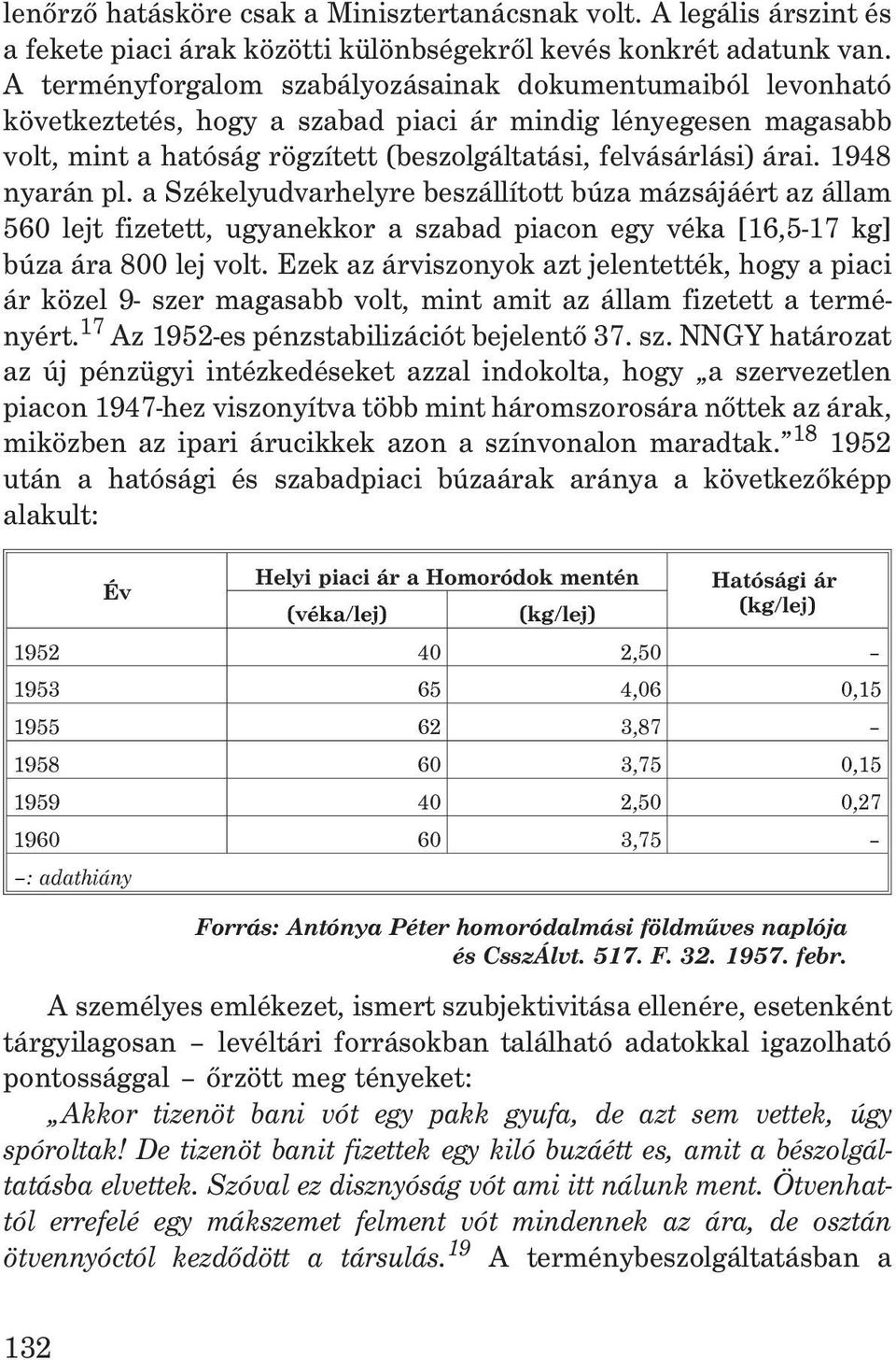 1948 nyarán pl. a Székelyudvarhelyre beszállított búza mázsájáért az állam 560 lejt fizetett, ugyanekkor a szabad piacon egy véka [16,5-17 kg] búza ára 800 lej volt.