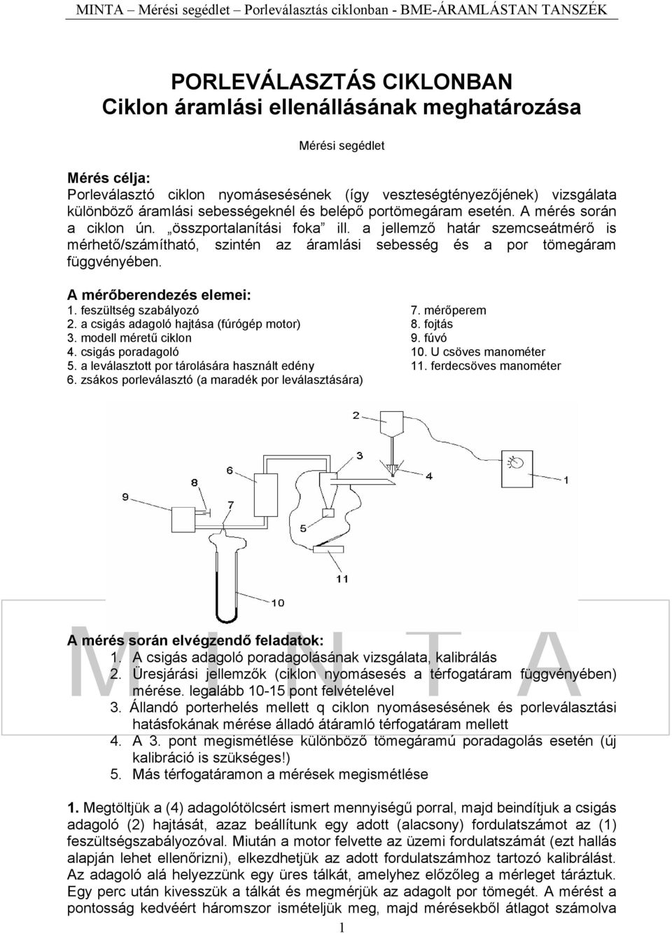 A mérőrenezés elemei: 1. feszültsé szabályozó 7. mérőerem. a csiás aaoló hajtása (fúróé motor) 8. fojtás. moell méretű ciklon 9. fúvó 4. csiás oraaoló 10. U csöves 5.