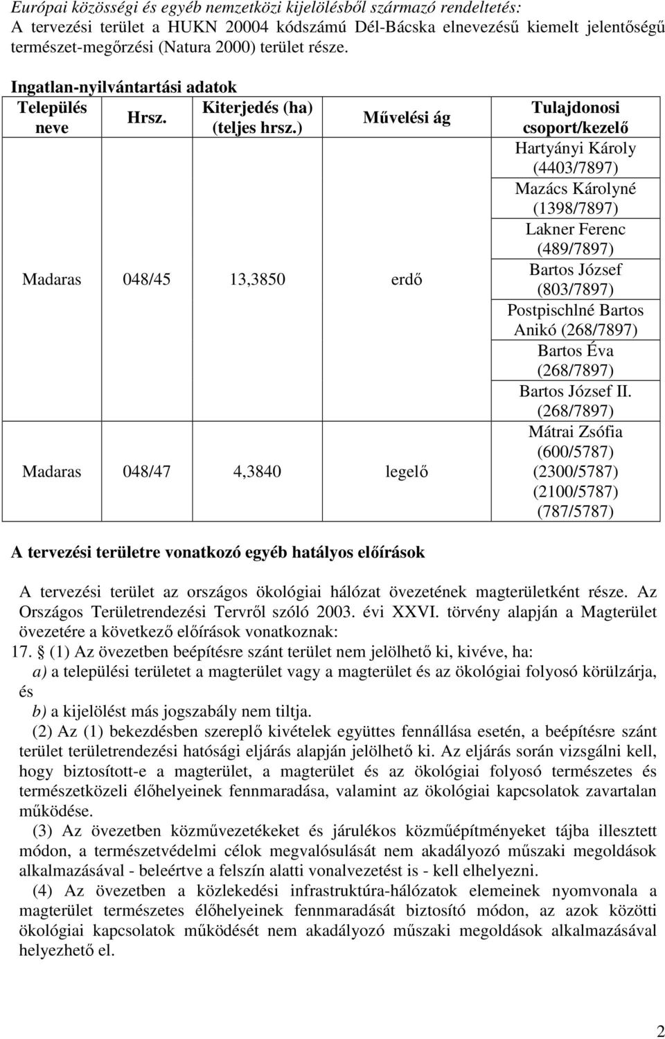 ) Művelési ág Madaras 048/45 13,3850 erdő Madaras 048/47 4,3840 legelő Tulajdonosi csoport/kezelő Hartyányi Károly (4403/7897) Mazács Károlyné (1398/7897) Lakner Ferenc (489/7897) Bartos József