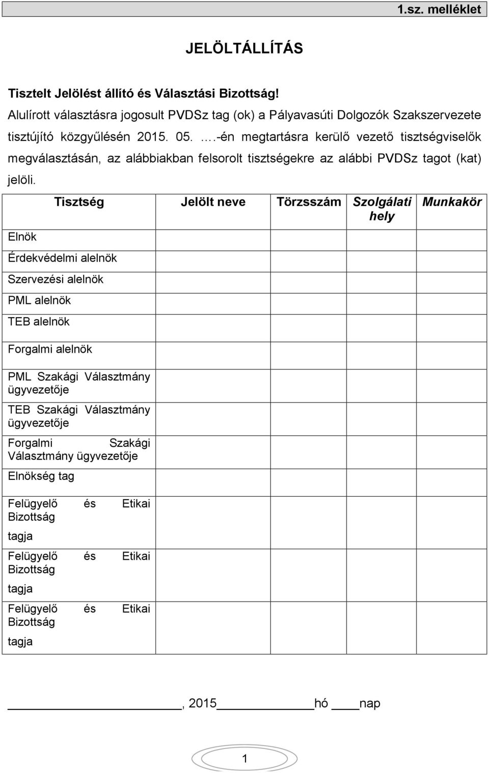 .-én megtartásra kerülő vezető tisztségviselők megválasztásán, az alábbiakban felsorolt tisztségekre az alábbi PVDSz tagot (kat) jelöli.