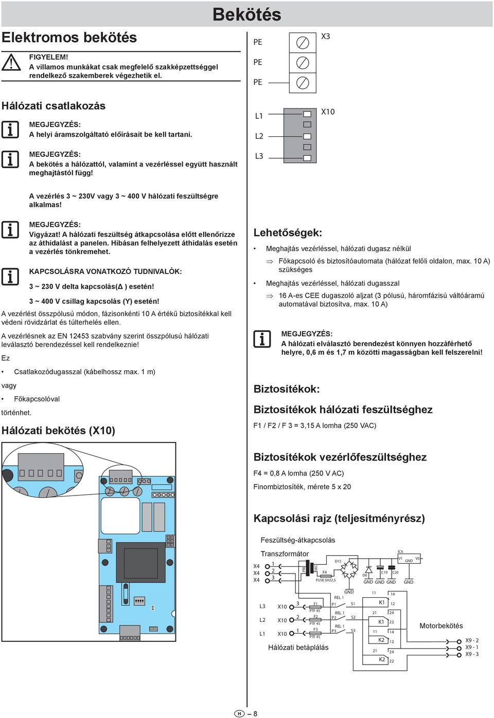 L1 L2 L X10 A vezérlés ~ 20V vagy ~ 400 V hálózati feszültségre alkalmas! Vigyázat! A hálózati feszültség átkapcsolása előtt ellenőrizze az áthidalást a panelen.