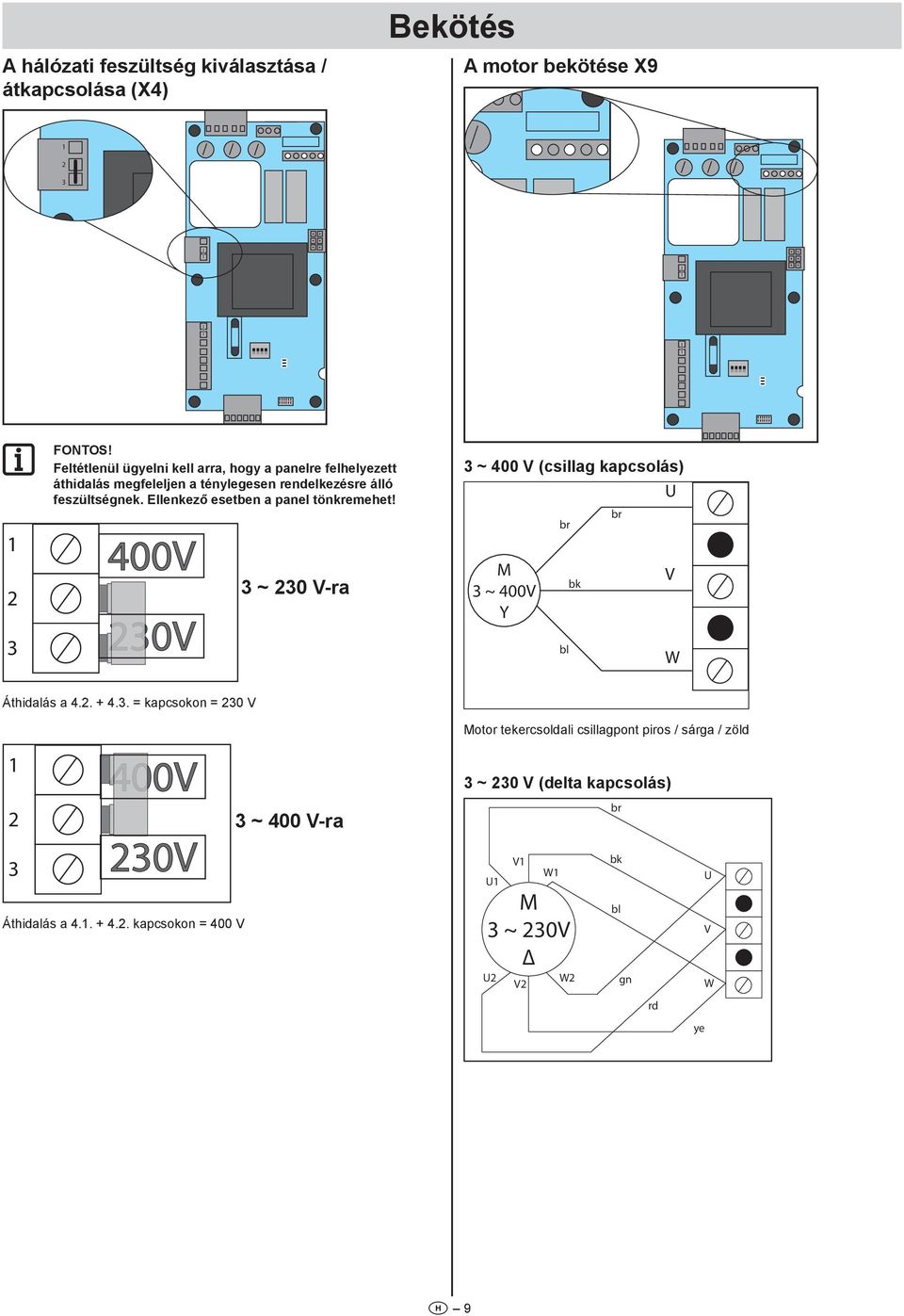 Ellenkező esetben a panel tönkremehet! 400V 20V ~ 20 V-ra ~ 400 V (csillag kapcsolás) U M ~ 400V Y br bl bk br V W Áthidalás a 4.2. + 4.