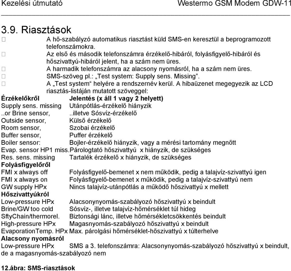 SMS-szöveg pl.: Test system: Supply sens. Missing. A Test system helyére a rendszernév kerül.