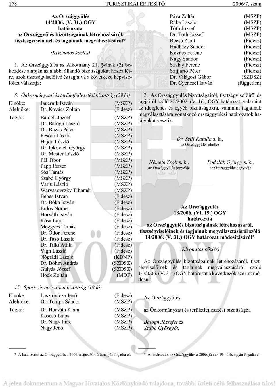 -ának (2) be - kez dé se alap ján az aláb bi ál lan dó bi zott sá go kat hoz za lét - re, azok tiszt ség vi se lõ i vé és tag ja i vá a kö vet ke zõ kép vi se - lõ ket vá laszt ja: Pá va Zol tán Rá